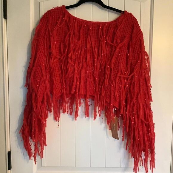 NWT SHEIN Sky Red Fringe Crop Sweater - Picture 4 of 6